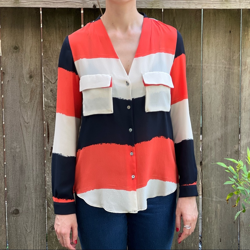 ZARA Stripe Blouse Deep V (Orange, Navy and White)